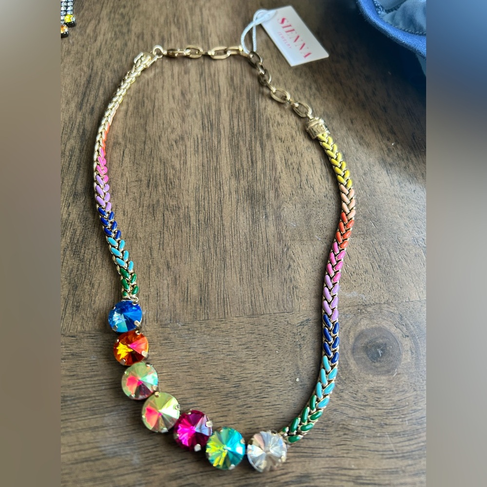 Rainbow Crystal Statement Necklace - Multicolor Gemstones on Gold Chain